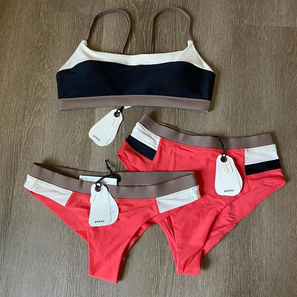 Prana Baja Bound Adjustable Top & 2 Swim Bottoms Size S Colorblock Bikini Bundle